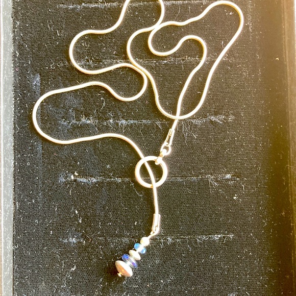 Sterling Silver Blue Glass Drop Choker Necklace - Picture 3 of 3